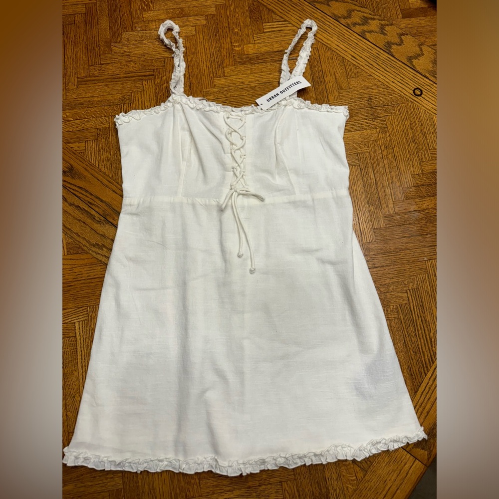 NEW Urban Outfitters White Cotton Linen Mini Dress Size L